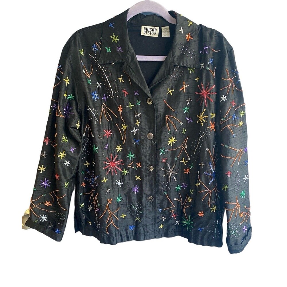 CHICOs DESIGN  Size 1 100% Silk CELEBRATE FIREWORKS Beaded Jacket Sequins